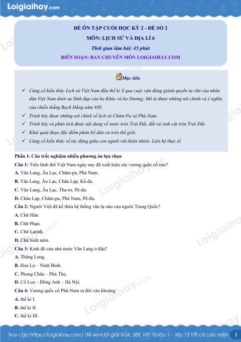 Đề thi học kì 2 Lịch sử và địa lí 6 KNTT - Đề số 2